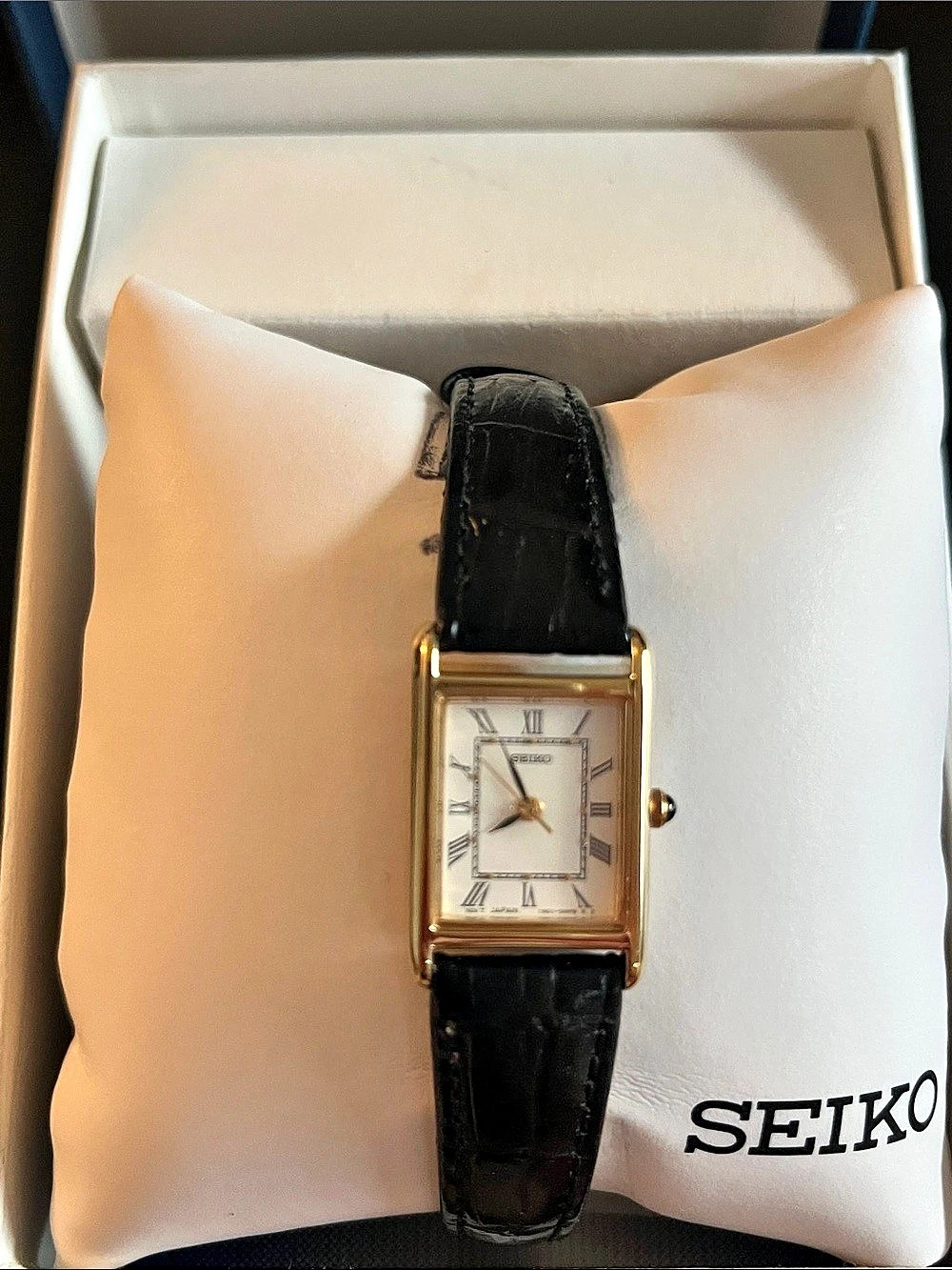 NWT Women’s Seiko SXGN42 Gold-Tone Rectangular Watch with Black Croc Band